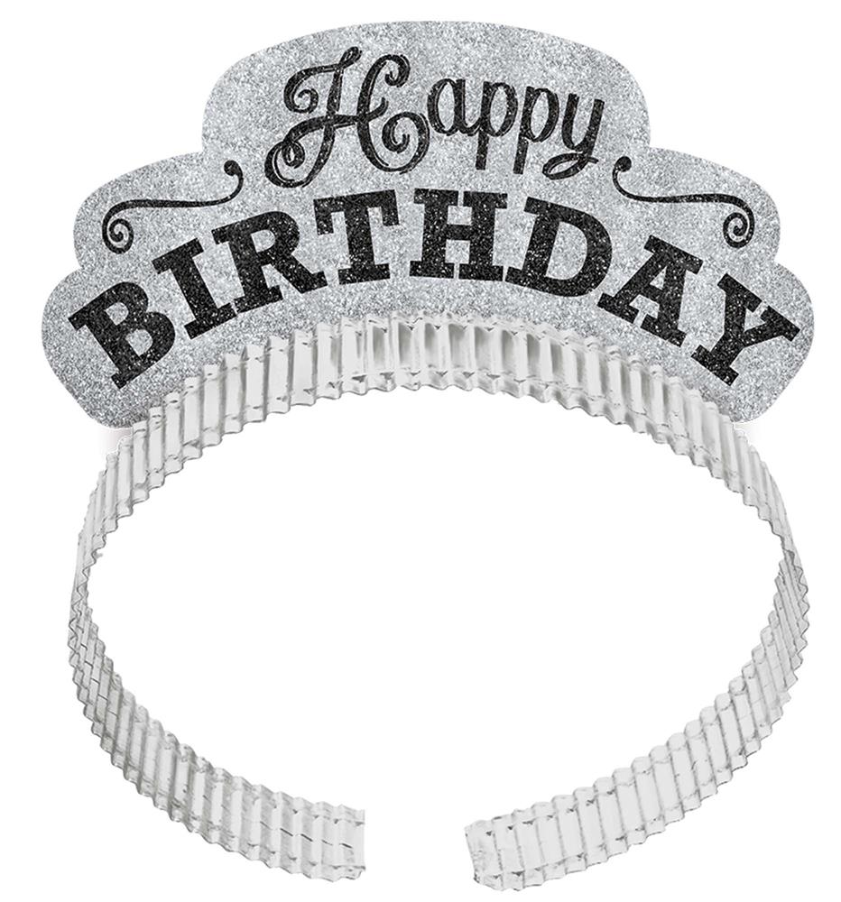 Black and white glittery tiara with "Happy Birthday" text in decorative font.