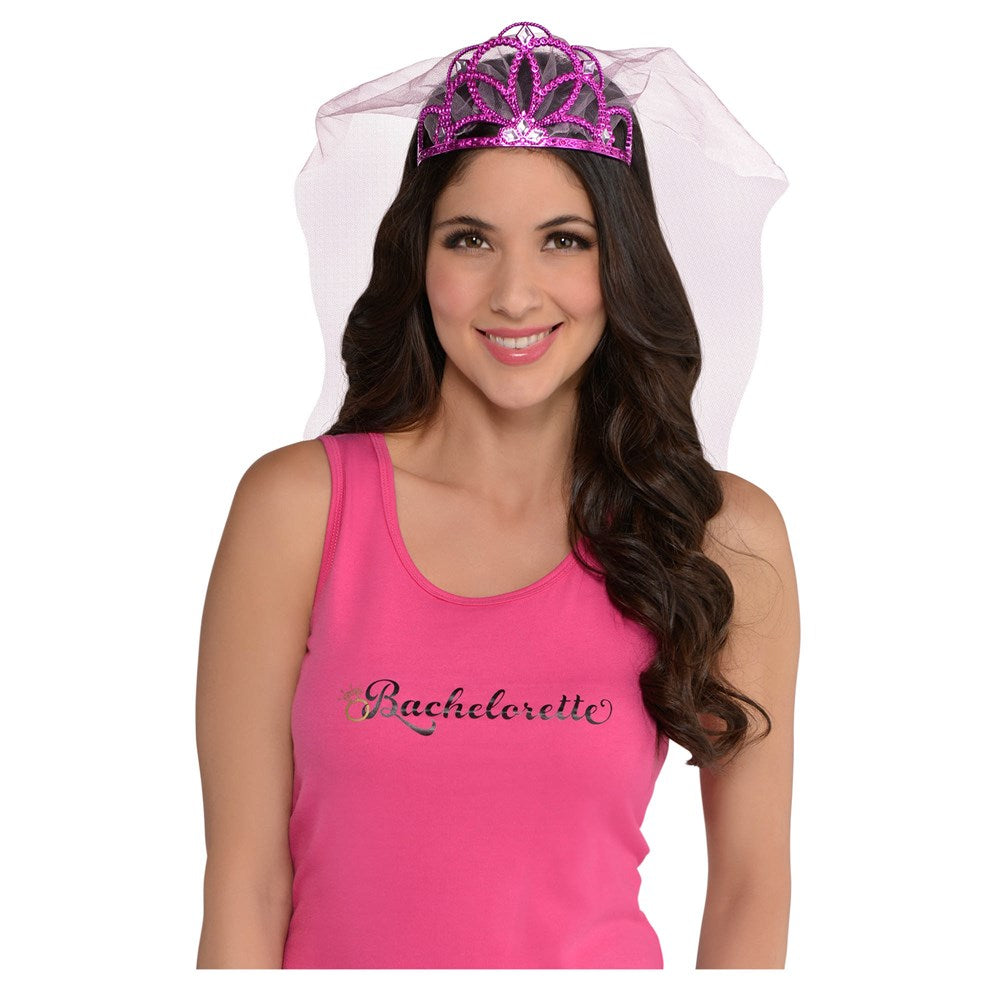 Pink plastic tiara with "Sassy Bride" in silver rhinestones and attached white tulle veil worn with a pink tank top reading.