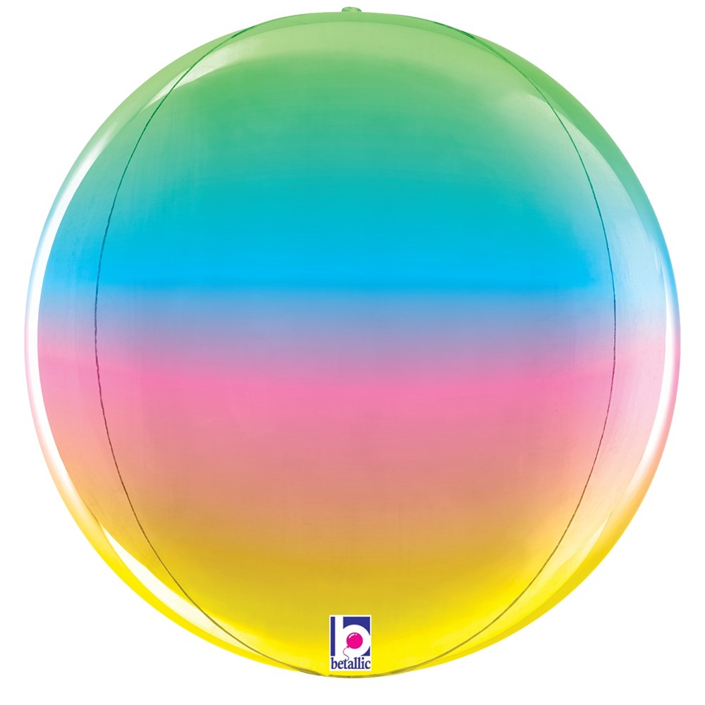 11-inch round foil balloon with gradient rainbow colors blending green, blue, pink, and yellow.
