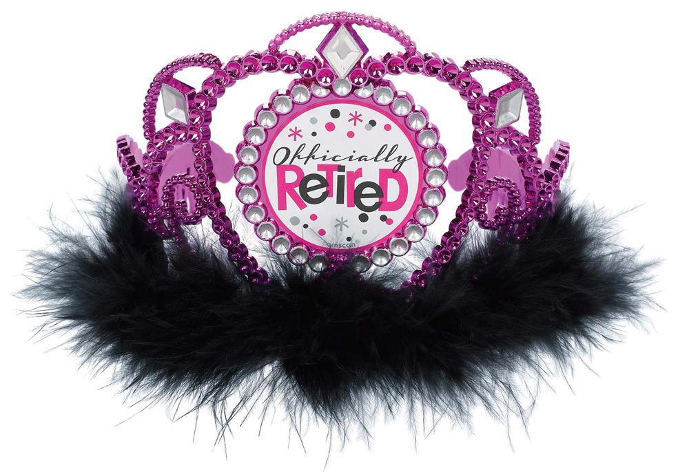 Pink glittery tiara with black marabou trim, silver rhinestones, and "Officially Retired" sign in center.