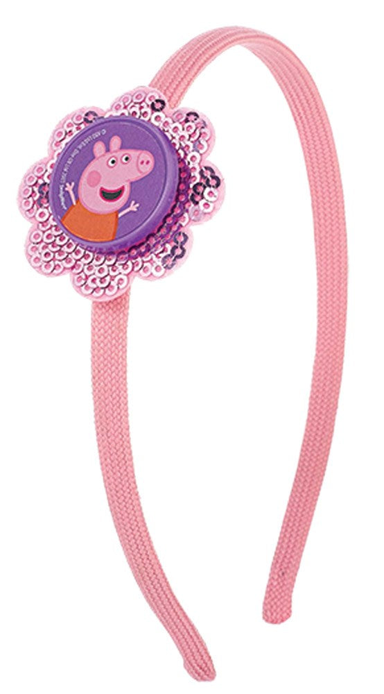 Pink plastic headband with Peppa Pig cartoon on purple scalloped lace decoration.