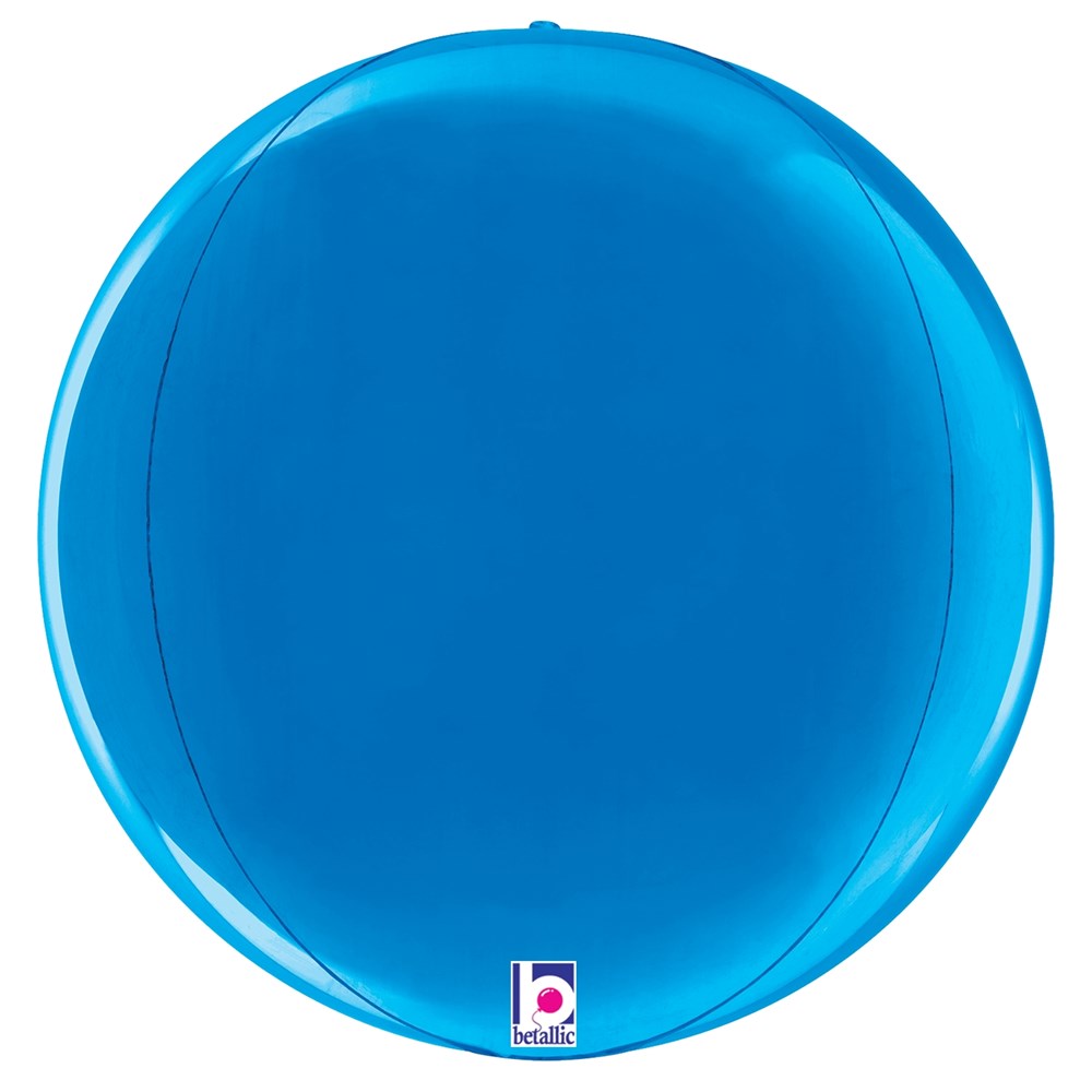 11-inch round blue multi-sided foil balloon with glossy finish and small logo tag.