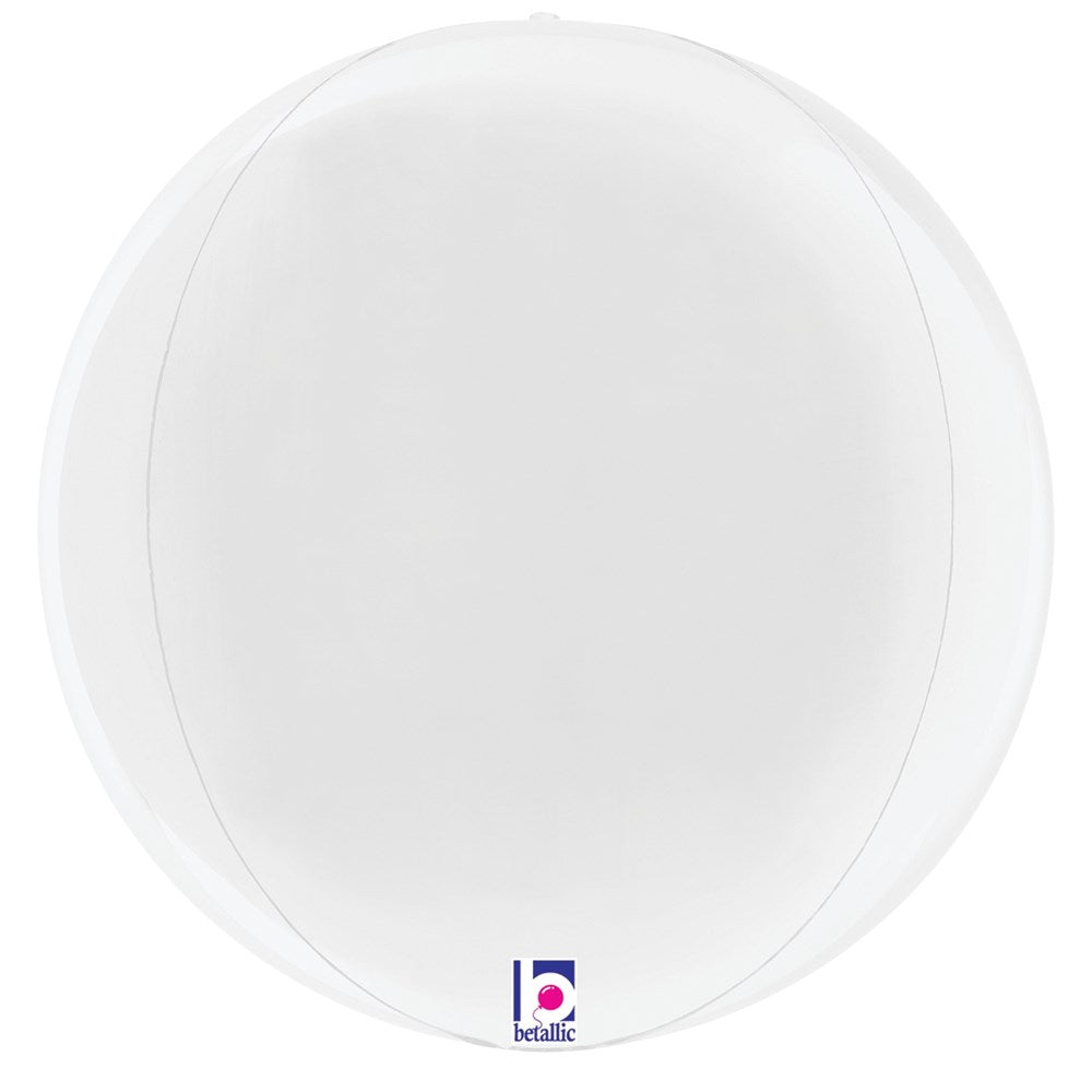 11-inch white globe-shaped multi-sided foil balloon with smooth surface and small logo tag at bottom.