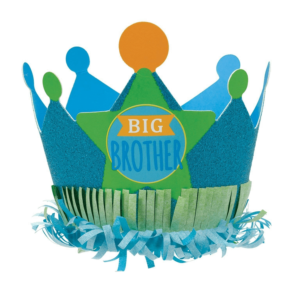 Blue glitter crown with green accents and a circular "Big Brother" emblem on front, decorated with blue tulle trim.