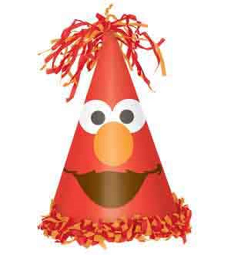 Red cone party hat with Elmo face, orange nose, large white eyes, and red-yellow fringe fringe trim on top and bottom.