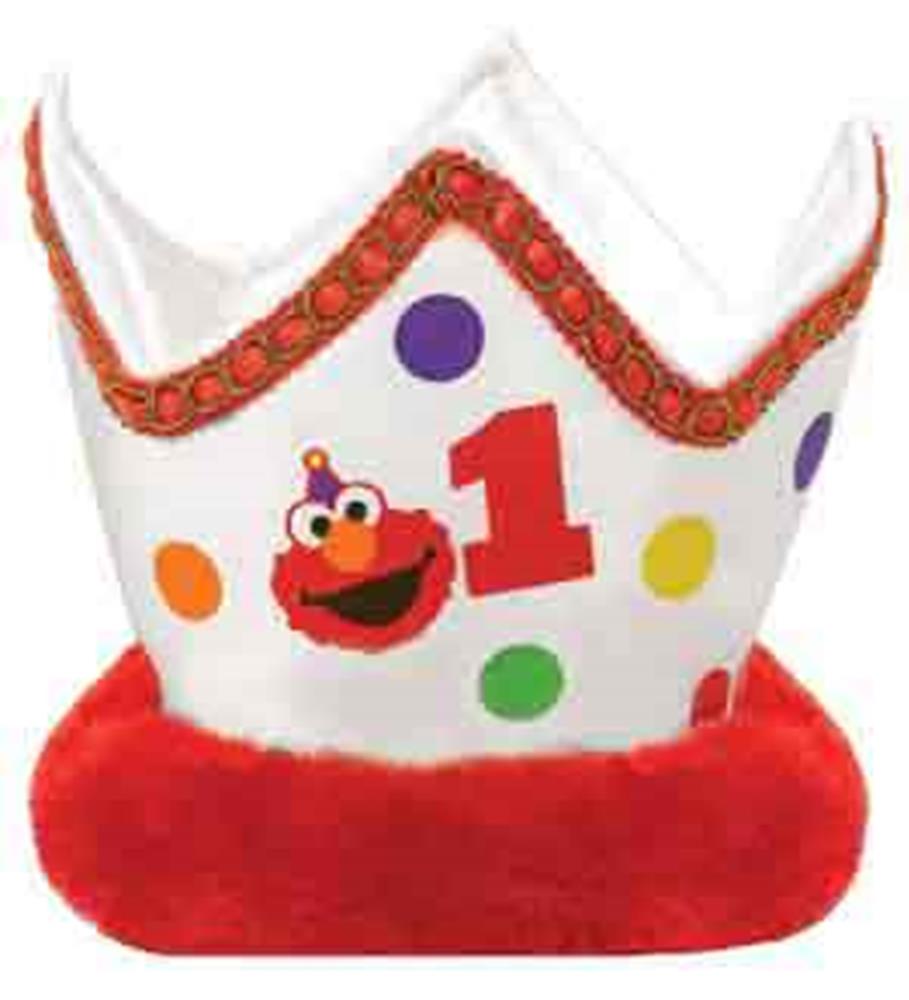 White paper birthday crown with red trim, colorful polka dots, Elmo face, and red number 1 design.
