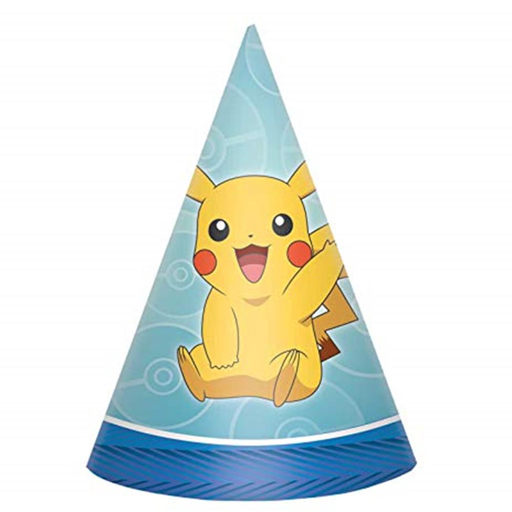 Blue cone-shaped paper party hat featuring a cheerful Pikachu with red cheeks and black-tipped ears.