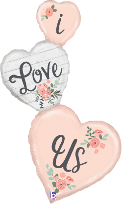 Large pale pink heart with "Us" and floral designs, medium silver heart with "Love" and floral accents, small pale pink.