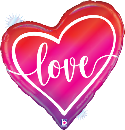 28-inch heart-shaped foil balloon with opal ombre finish and white "love" script lettering.