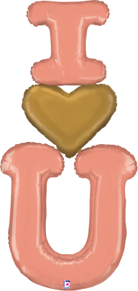 Rose gold foil balloons forming "I" and "U" with a gold heart in the center, 59 inches tall.