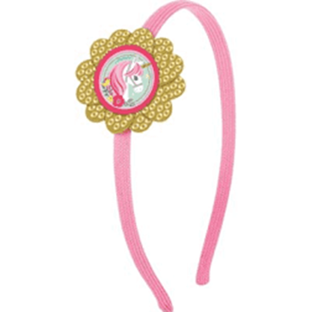 Pink plastic headband with a glittery gold flower and a colorful unicorn emblem in the center.