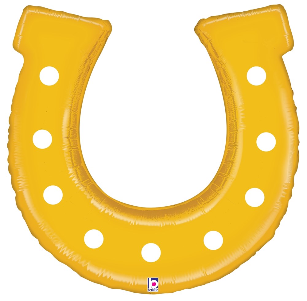 Golden foil balloon shaped like a horseshoe with white dots, 25 inches tall.