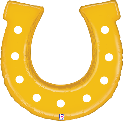 Golden horseshoe-shaped foil balloon with white circular spots, 25 inches tall.