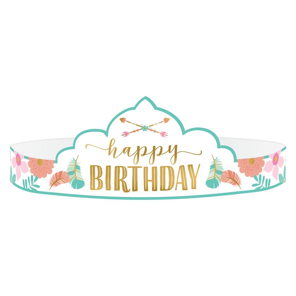 White paper tiara with teal trim, gold "happy birthday" text, crossed arrows, and pink floral accents.