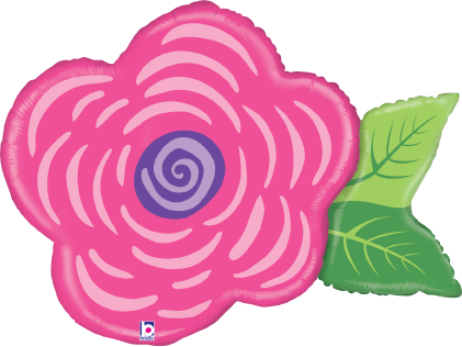 Pink foil balloon shaped like a flower with purple center swirls and green leaves attached.