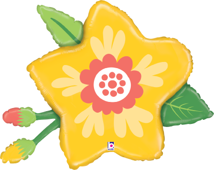 Yellow flower-shaped foil balloon with green leaves and pink flower center design.