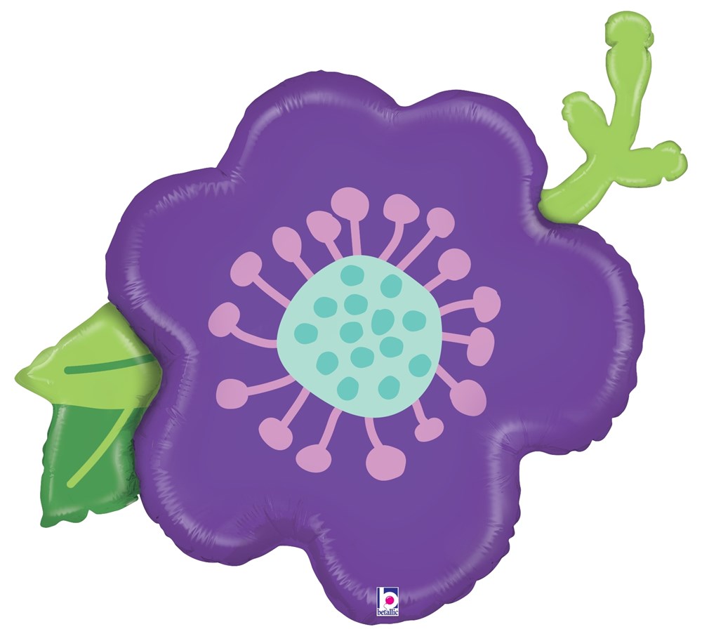 Purple foil flower-shaped balloon with blue and pink center and green leaves, 30-inch.