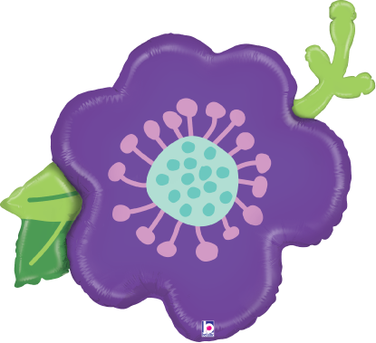 Purple flower-shaped foil balloon with teal and pink center and green leaves, 30 inches.
