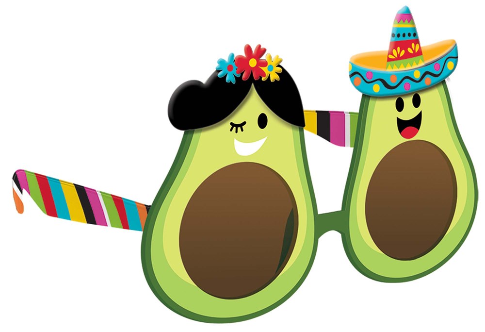 Green avocado-shaped sunglasses with brown pits, decorated with a black wig and colorful flowers on one side and a.