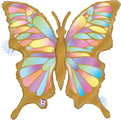 24-inch opal holographic butterfly foil balloon with gold outline and pastel multicolor wings.