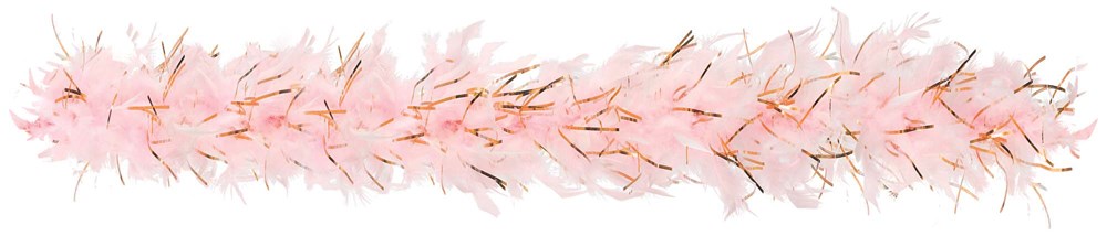 Soft blush pink feather boa with shiny gold foil accents, fluffy and lightweight accessory.
