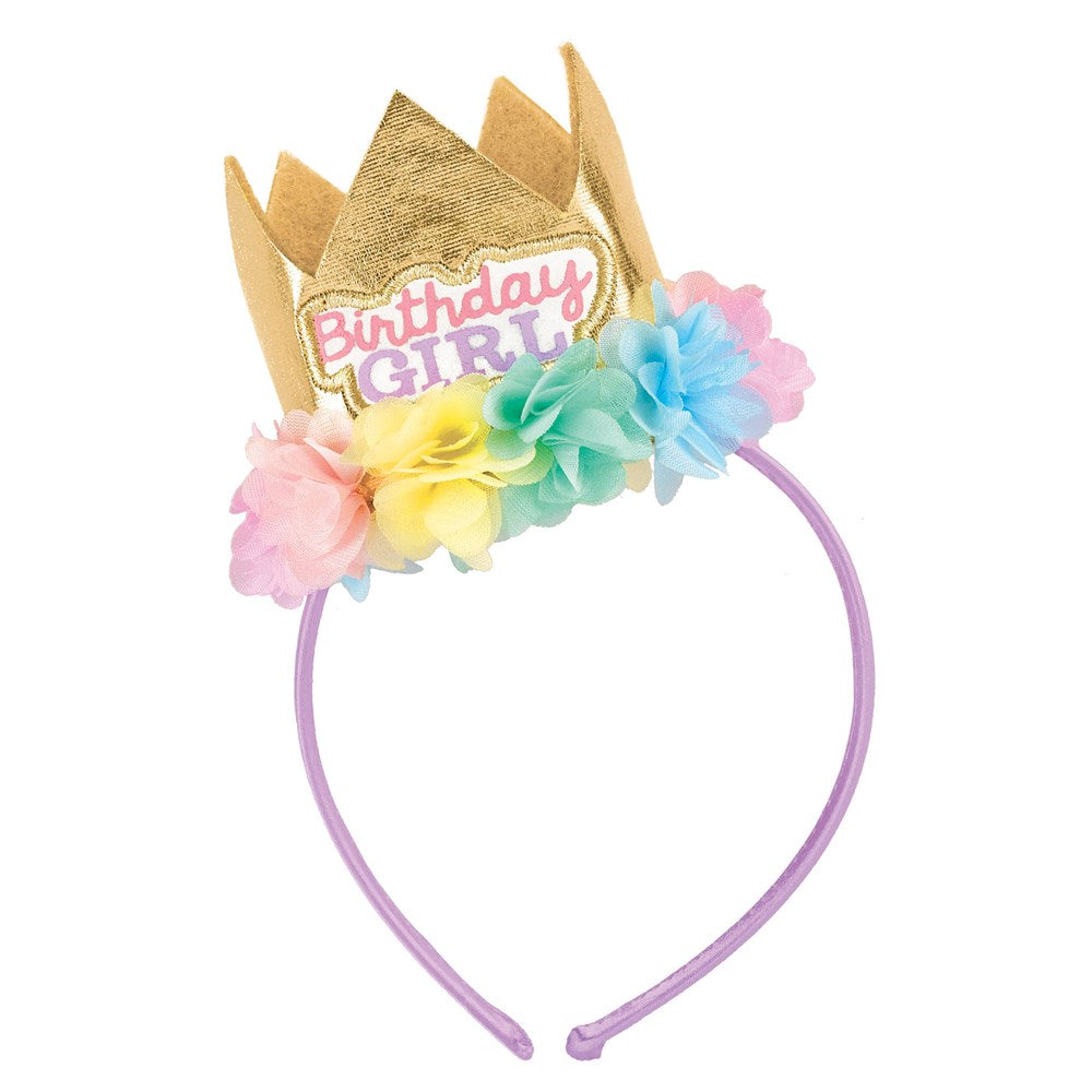 Gold felt crown headband with pastel pink, yellow, blue flowers and pink "Birthday Girl" text on front.