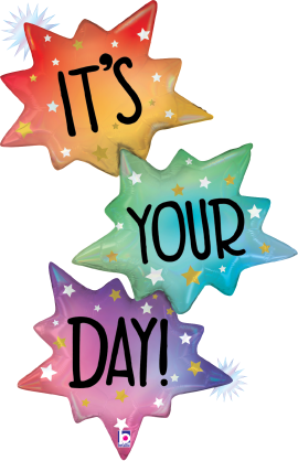 41-inch Opal holographic burst balloon with "IT'S YOUR DAY!" in black text on red, orange, green, blue, and purple star.