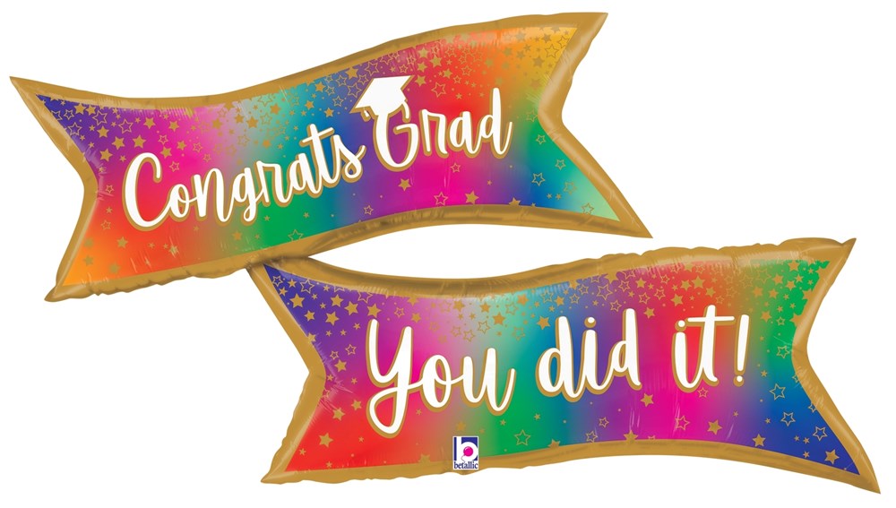 Colorful foil graduation banner balloon with rainbow gradient and white text "Congrats Grad" and "You did it!".