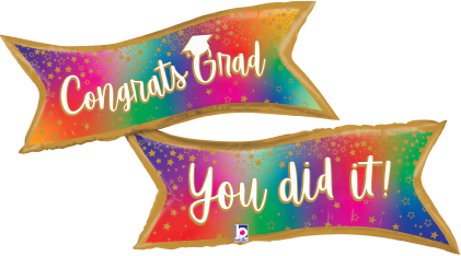 Two colorful, shaped foil balloons with gold edges; one reads "Congrats Grad," the other "You did it!".