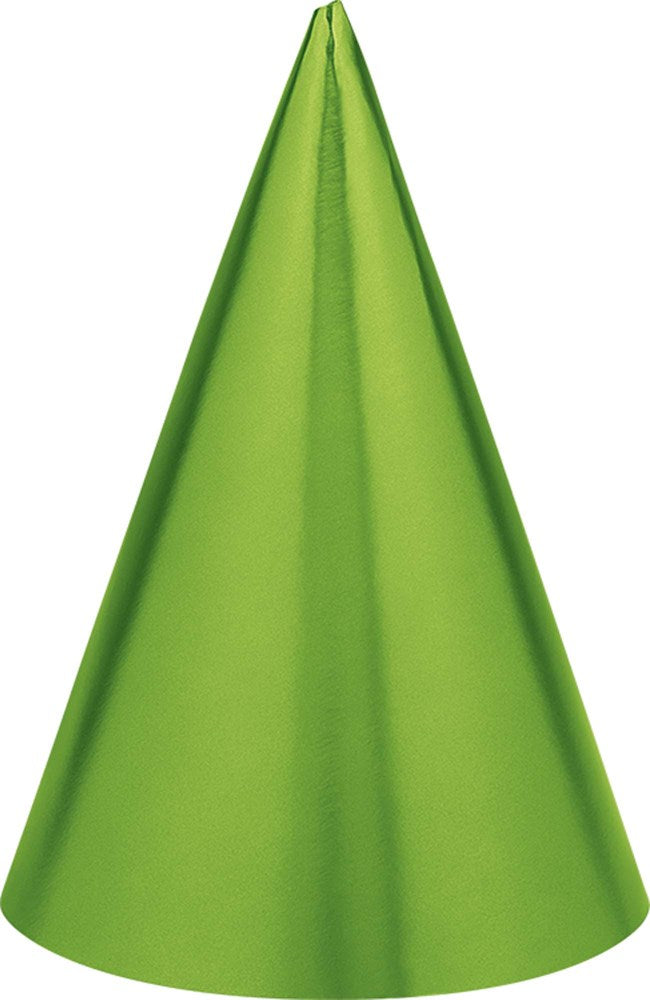 Green foil cone party hat with a shiny, reflective surface.