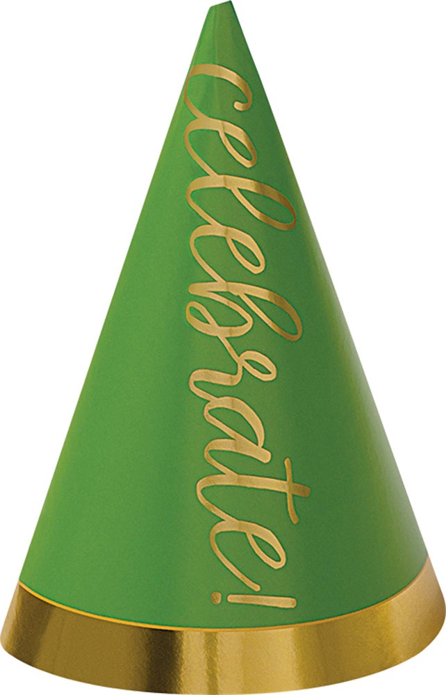 Green cone party hat with gold foil lettering "Celebrate!" and metallic gold trim at base.