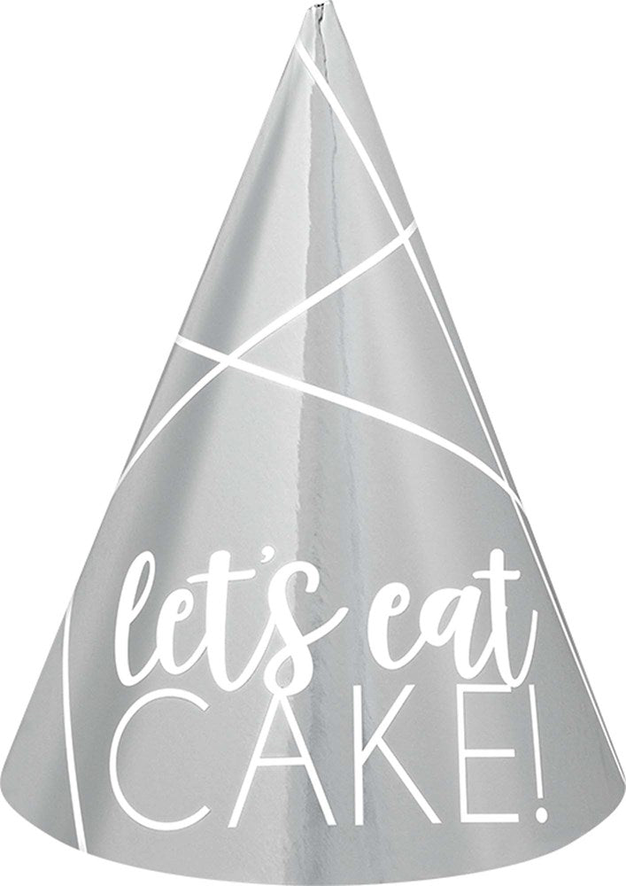Silver mini cone party hat with white diagonal stripes and "lets eat CAKE!" text.