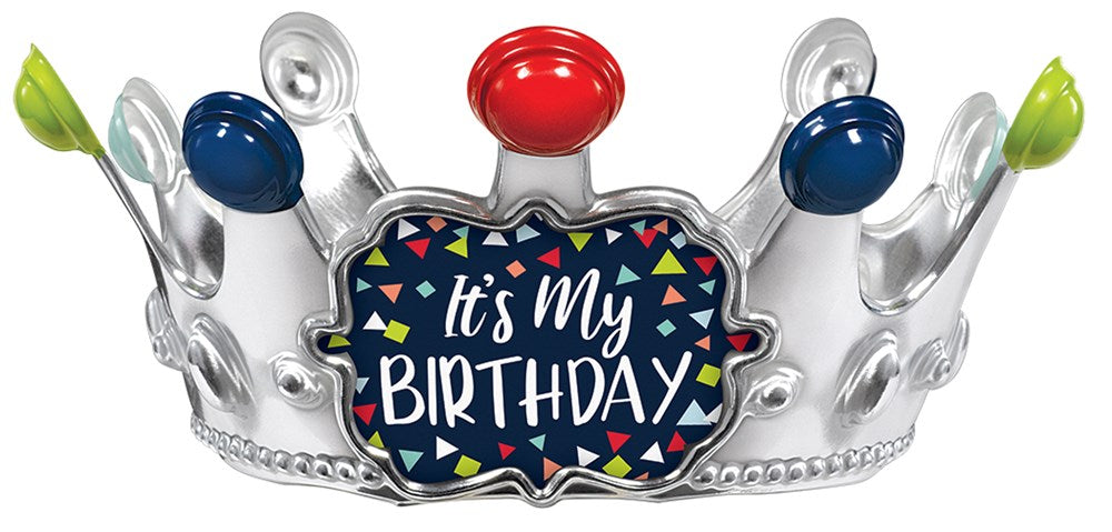 Silver plastic birthday crown with colorful gem-shaped decorations and a black sign reading "It's My Birthday" in.