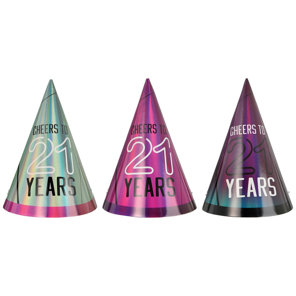 Set of three metallic cone party hats in teal, pink, and purple with "Cheers 21 Years" text for milestone birthdays.