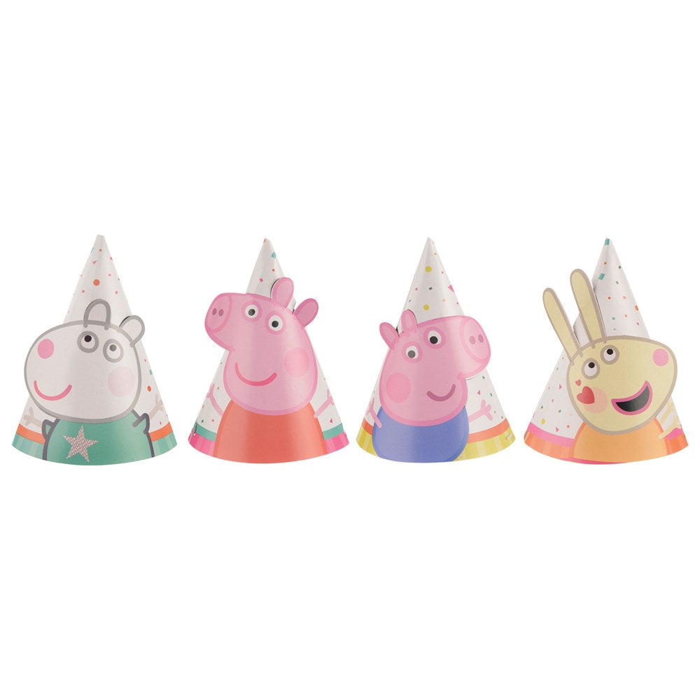 Colorful cone party hats featuring Peppa Pig characters with confetti and festive designs.