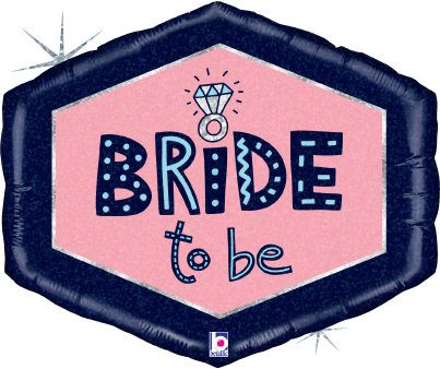 Hexagonal holographic foil balloon with navy blue border, pink center, and "Bride to be" text with a diamond ring icon above