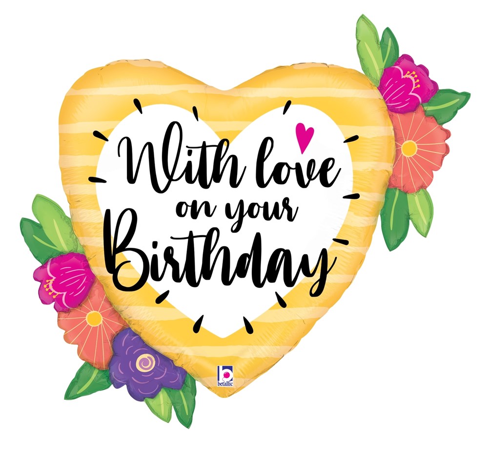 Heart-shaped yellow foil balloon with white center, black cursive "With love on your Birthday" text, decorated with colorful