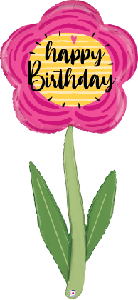 Pink and yellow flower-shaped foil balloon with "happy birthday" text and green stem and leaves.