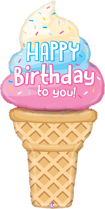 59-inch foil balloon shaped like ice cream cone with vanilla swirl and sprinkles, "Happy Birthday to you!" text in blue and.