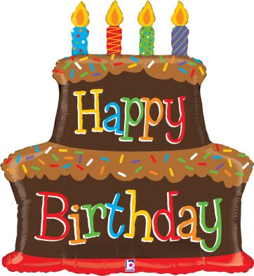 Chocolate cake shaped foil balloon with colorful "Happy Birthday" text and four lit candles on top.