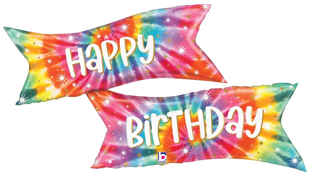 Two 45-inch foil balloons shaped like wavy banners with colorful tie-dye patterns and white "Happy" and "Birthday" text.