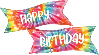 Two rectangular tie-dye foil balloons with bright swirling colors, one reads "Happy" and the other "Birthday" in white.
