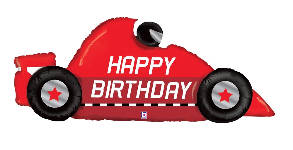 Red race car-shaped foil balloon with black and gray wheels and "Happy Birthday" text in white.