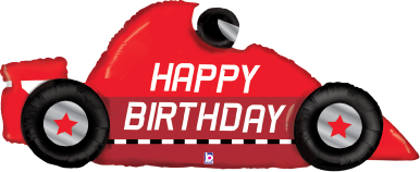 Red race car-shaped foil balloon with black wheels and white "Happy Birthday" text.