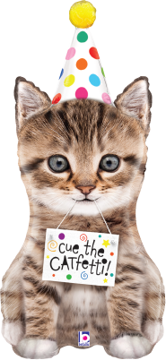 36-inch foil balloon shaped like a realistic tabby kitten wearing a white party hat with colorful polka dots and holding a.