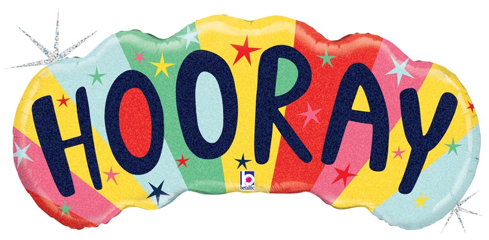 36-inch rainbow-colored holographic balloon shaped with "HOORAY" text in bold navy letters and glitter stars.
