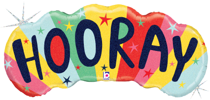 36-inch holographic foil balloon shaped as the word "HOORAY" in multicolored letters with star accents.