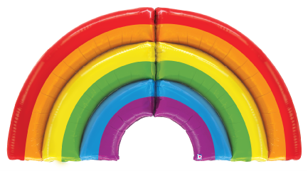 Large rainbow-shaped foil balloon with red, orange, yellow, green, blue, and purple stripes, 59 inches wide.