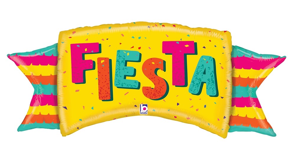 Yellow rectangular foil banner with colorful letters spelling FIESTA and striped pink, green, and yellow ends.