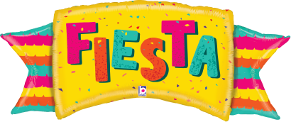 Yellow rectangular foil balloon with pink, teal, and purple "FIESTA" text and striped pink, teal, and yellow ribbon accents.